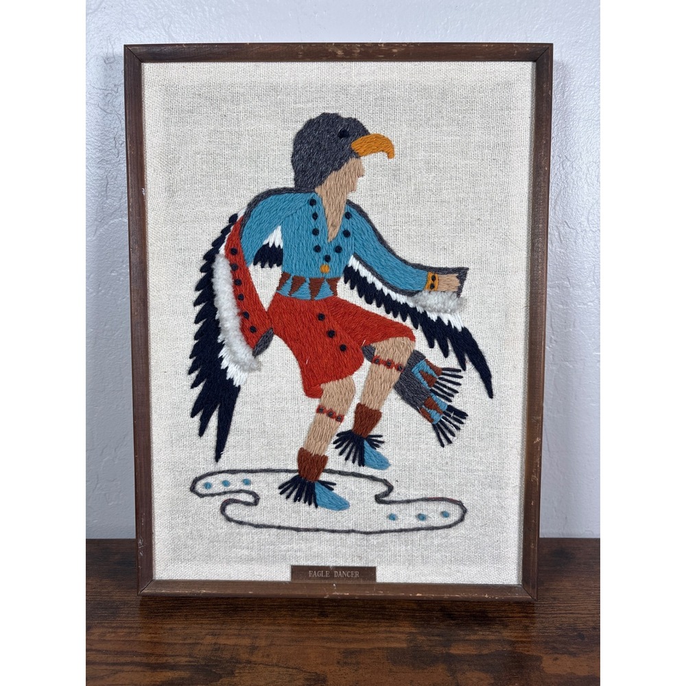 Vintage Eagle Dancer Hand Embroidered Textile Art Framed Southwest Folk Art